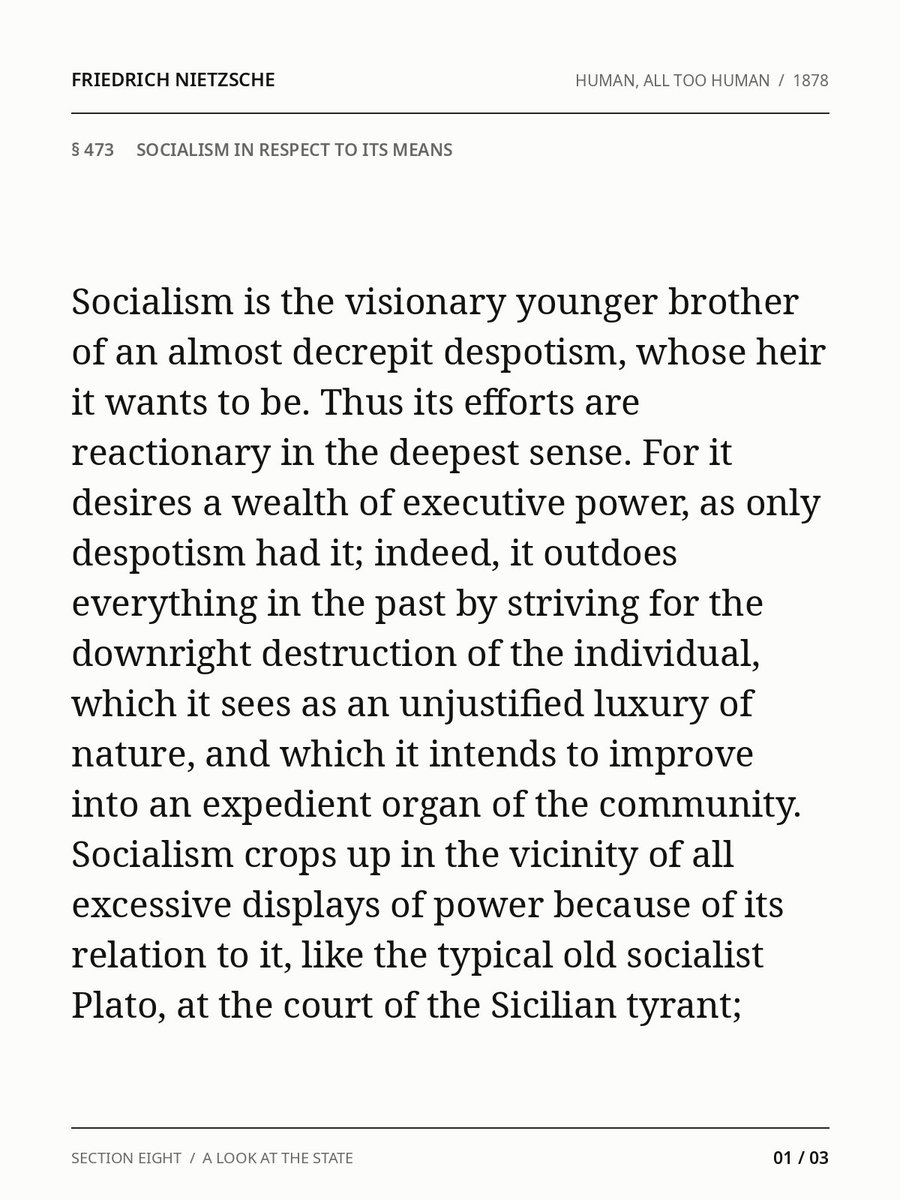 GhostWaqf's tweet photo. Friedrich Nietzsche – 𝑯𝒖𝒎𝒂𝒏, 𝑨𝒍𝒍 𝑻𝒐𝒐 𝑯𝒖𝒎𝒂𝒏 (1878), §473, "Socialism in Respect to Its Means." https://t.co/bzQS6pa4N7