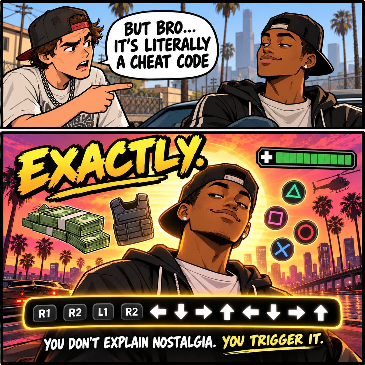 GtaMoneyCheat's tweet photo. “But bro… it’s literally a cheat code.”

That’s the whole point.

It’s not just a ticker — it’s one of the most recognizable button combos of all time.

An entire generation still has this burned into their brain:

R1 R2 L1 R2 ← ↓ → ↑ ← ↓ → ↑

You don’t need to explain nostalgia.
You just trigger it.
$R1R2L1R2