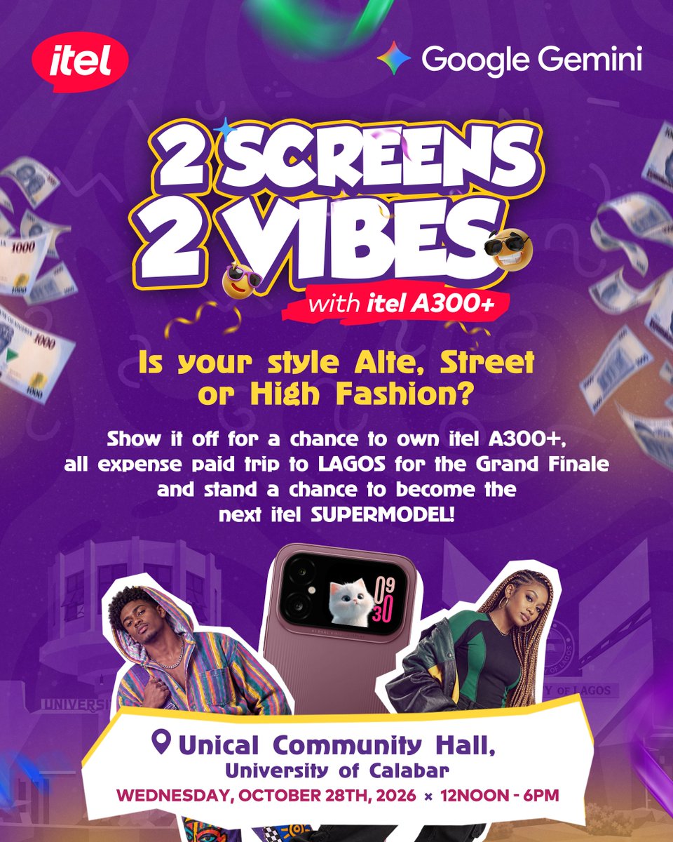 itelNigeria's tweet photo. We are bringing the vibes to UNICAL. ๐ฅ
Show up, show out, and stand a chance to win the itel A300+, an all-expense-paid trip to Lagos for the Grand Finale, and a shot at becoming the next itel Supermodel. ๐ฎโ๐จโจ
Who's pulling up? ๐
#2Screens2Vibes
#itelA300Plus https://t.co/zWGcYbXHD7