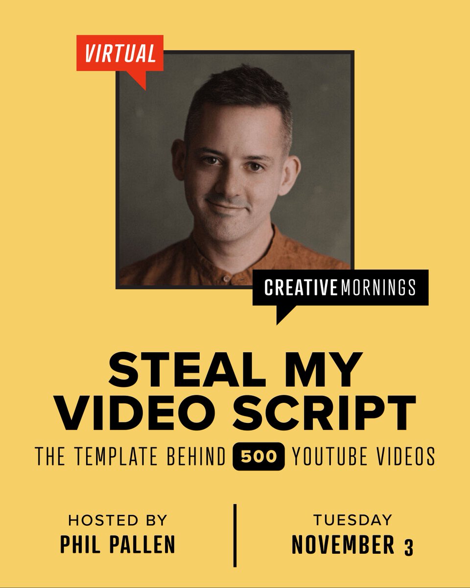 creativemorning's tweet photo. Dive into a script template you can use for keynotes, social content, and everything in between. This Virtual FieldTrip is hosted by Phil Pallen https://t.co/ch4cX0pHqH #CMfieldtrips https://t.co/TtxedyZBxw