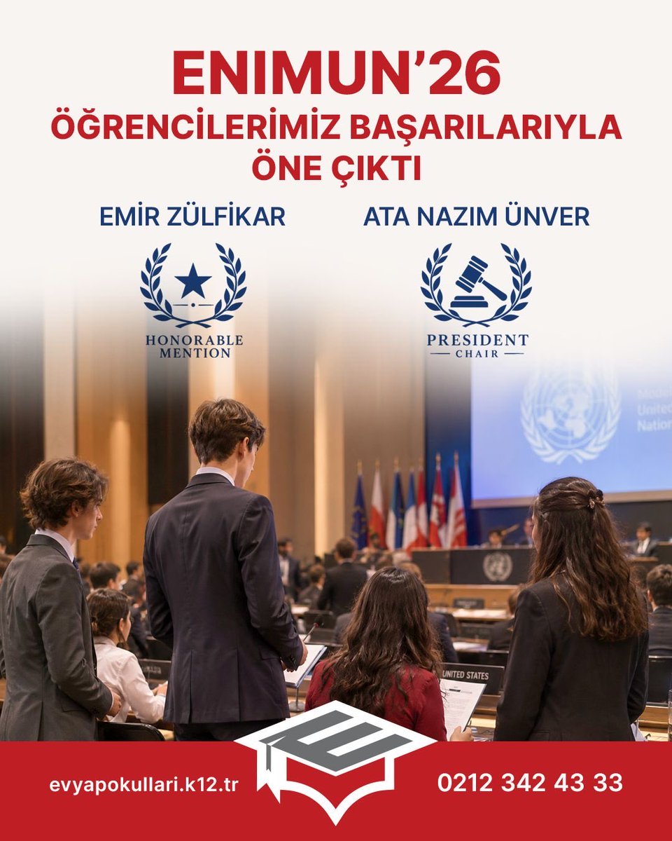 evyapokullari's tweet photo. ENIMUN’26’DA GURUR VEREN BAŞARI! 🌍✨

23–25 Ekim 2026 tarihlerinde ENKA Okullarında düzenlenen ENIMUN’26 Model Birleşmiş Milletler Konferansı’nda öğrencilerimiz önemli başarılara imza attı.

#MürüvvetEvyapOkulları #ENIMUN26 #ModelUnitedNations #MUN https://t.co/VOzyVphSHX