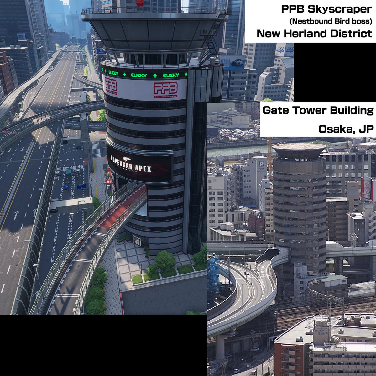 gamewikionline's tweet photo. 『NTE』の街並み、
実在する世界の名所が元ネタになってますが
海外コミュニティで、
ゲーム内のロケーション検証が話題に！
日本の道頓堀や歌舞伎町、
渋谷109にスクランブル交差点まで！

さらにVer.1.3ではマレーシアの
超高層ビル「ムルデカ118」も発見！

大阪の「ビルを高速道路が貫通する建物」には
実在するとして驚く海外勢もｗｗｗ

街を探索するだけで元ネタ探しが楽しめるの、
作り込みがすごい……！
皆さんが見つけたお気に入りの場所や
元ネタはありますか？

#NTE #NTECreator