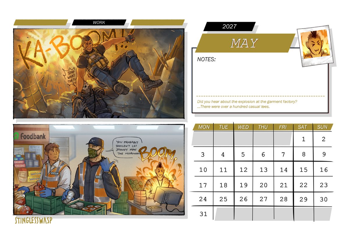 StinglessWasp's tweet photo. Day in the Life - GhostSoap 2027 Calendar 📅

Surprise!! You can download this calendar for FREE on my ko-fi page. Link: https://t.co/oCcy7uWi4M

It's in A4 size and designed to be printed at home. Featuring silly doodles, terrible jokes, and hi-res art 🧡💥🧡💥🧡 https://t.co/jiTV1PSjZg