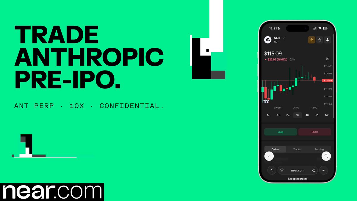 NEARProtocol's tweet photo. Trade Anthropic Pre-IPO. Confidentially.

$ANT perp is live. Up to 10x. Your position stays out of public view.

Only on https://t.co/9gmALOKZOX powered by @HyperliquidX &amp; @tradexyz https://t.co/QFsFRlGFWQ