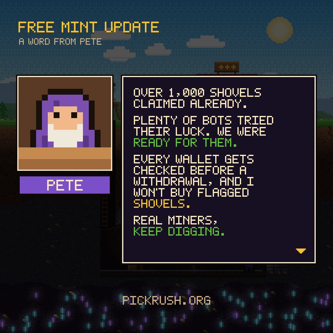PickRush's tweet photo. Pete has something to say

1,000+ Genesis Shovels claimed, and plenty of bots tried their luck. We came prepared

Wallets are reviewed before withdrawals, and flagged shovels won't be bought back https://t.co/esdeBZcfQc