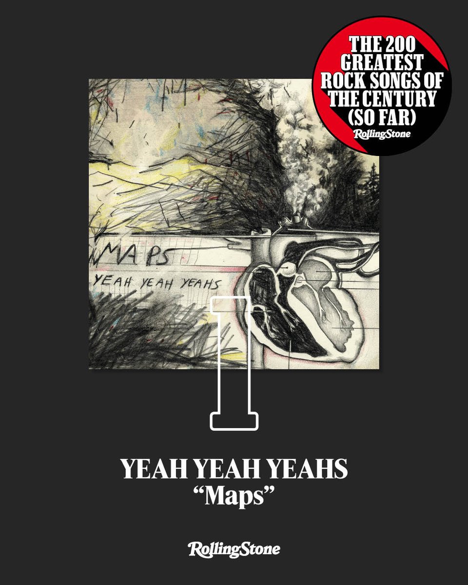 RollingStone's tweet photo. 👑 #1 - @YYYs' "Maps" 

"Though New York art-punk trio Yeah Yeah Yeahs are often celebrated for their off-the-wall energy, it’s a quieter moment that became the band’s most-enduring song." 

See the full list: https://t.co/J4TILjUrI8 https://t.co/K0nTFs7xGi