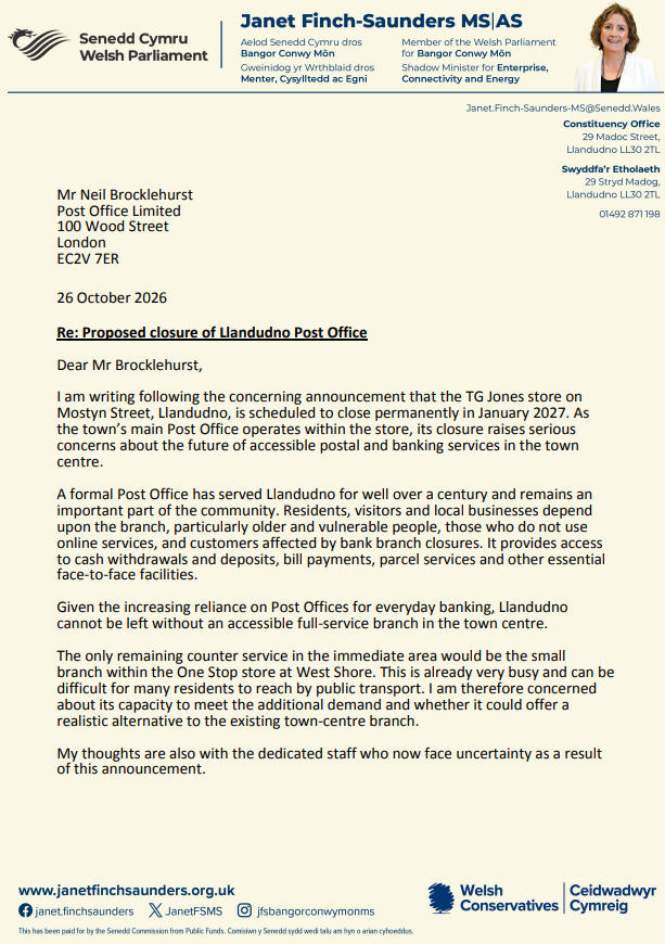 JanetFSMS's tweet photo. Post Office closure devastating for local area. 

I have written to the Chief Executive of the Post Office, calling on them to secure a full service branch in central Llandudno.

https://t.co/1tOQBKL7M1 https://t.co/ydz6vEChrb