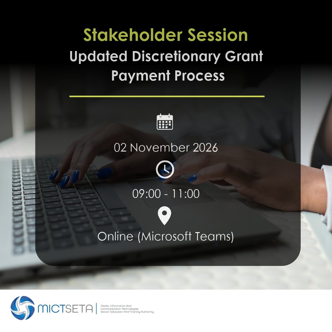 MictSeta's tweet photo. 📢 REVISED DISBURSEMENT PAYMENT PROCESS  
@MictSeta invites stakeholders to unpack revised grant payment processes, proportional deductions, compliance &amp; reporting requirements.

2 Nov 2026 | 09:00-11:00 | MS Teams

Join: https://t.co/6nQohoD60o

#MICTSETA #DiscretionaryGrants https://t.co/Qdvs71wszL