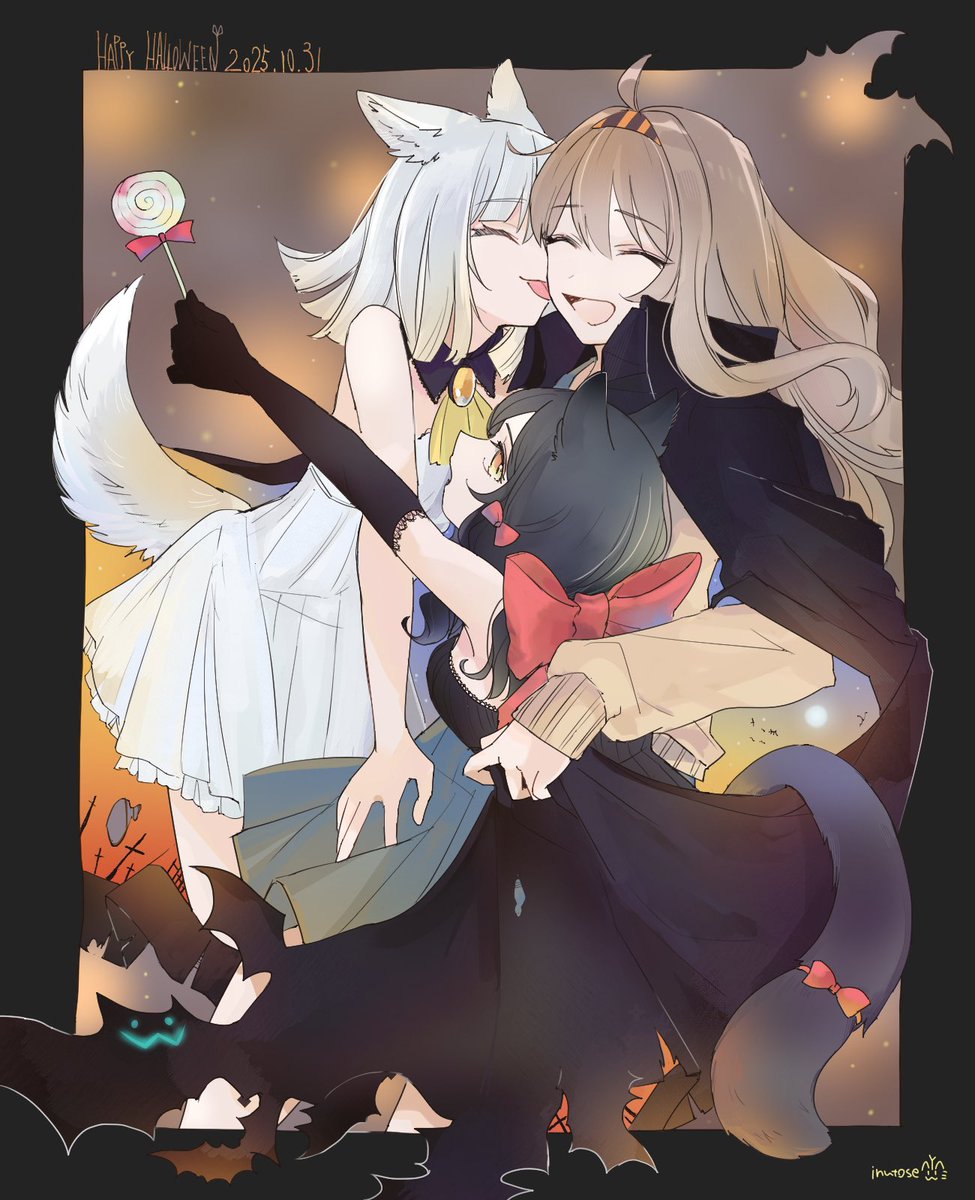 inutose's tweet photo. ハッピーハロウィン！
異次元連結マント魔女さん御一行🧙‍♀️🐈‍⬛🐺

※去年のfanboxで公開したものです🎃 https://t.co/7NmjT89Jw5