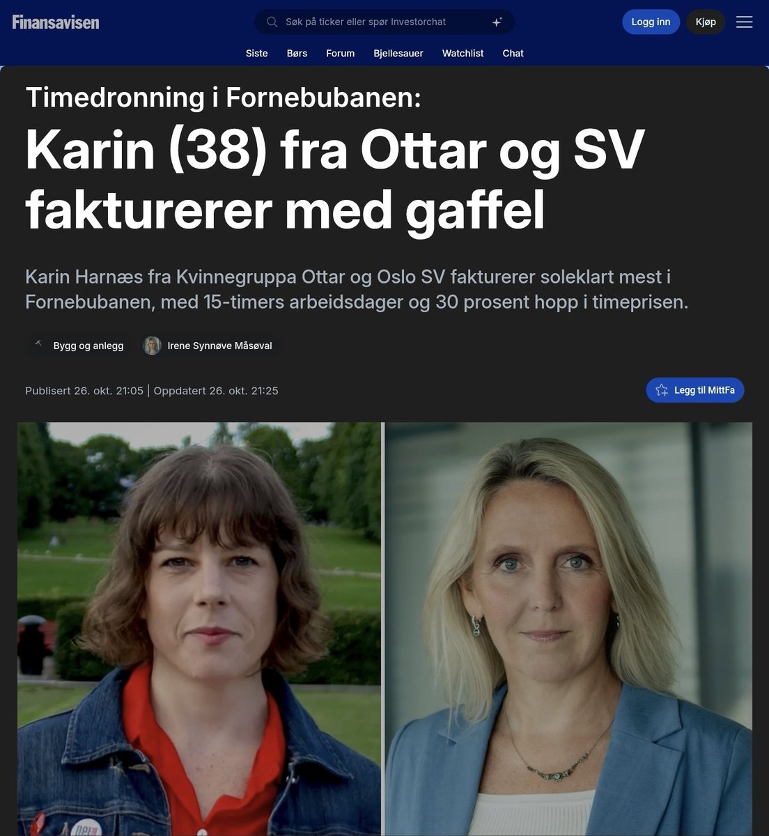 HeleneTveit1's tweet photo. Finansavisen har funnet frem til en ekte juvel i det norske konsulentmaskineriet. Karin Harnæs (38), styremedlem i Kvinnegruppa Ottar og tidligere aktiv i Oslo SV, er den som har fakturert klart flest timer på Fornebubanen. 1.723 timer frem til uke 42. Det er 97 timer mer enn nestemann – nesten tre normale arbeidsuker ekstra.

Spesielt mandagene er imponerende. Timelistene viser 16 timer, 15 timer og 14,5 timer bare i de første mandagene i februar. Mars og mai fulgte opp med flere 15-timersdager. Mens resten av Norge sliter seg gjennom en vanlig arbeidsdag, ser det ut til at Harnæs har funnet en helt egen definisjon av «full stilling».

I vår fikk hun ny saksbehandler hos WSP Norge. Timeprisen hoppet da fra 1.237 til 1.651 kroner – en økning på 30 prosent. Det er nesten rørende. Man kan nesten høre lyden av en ny bil i det fjerne. Da Finansavisen ringte for å høre hva hun syntes om det hele, svarte hun «Det har jeg ingen kommentar til akkurat nå» og la på. Effektivt. Nesten like effektivt som timeføringen.

Det morsomme er selvsagt kontrasten. SV vil gjerne at ansatte i Oslo kommune skal få 6-timersdag. Ottar driver sitt politiske arbeid. Men når det gjelder egne timer på et offentlig prosjekt, gjelder tydeligvis helt andre regler. «Gjør som jeg sier, ikke som jeg gjør» har sjelden vært mer bokstavelig – og sjelden mer lønnsomt.

Fornebubanen har allerede blitt et symbol på sprekk, forsinkelse og manglende kontroll. At en av de mest politisk aktive på venstresiden samtidig er den som fakturerer hardest, gjør det hele bare mer underholdende. Det er svindel. Det er og et vakkert samspill mellom ideologi og faktura.

Skattebetalerne betaler. Karin Harnæs fakturerer. Og resten av oss kan sitte og beundre systemet i full drift. 💸🚇🔥😏

#Fornebubanen #SV #Ottar #Skattepenger #Konsulenter