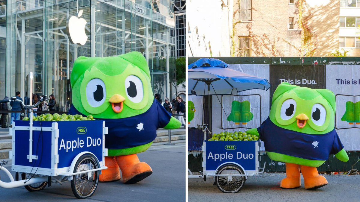 Eng_Anmar's tweet photo. دولينجو لعبها صح مع آبل 🦉🍏

بالتزامن مع إطلاق iPhone Duo..

وزع دولينجو تفاح أخضر مجاني أمام متجر آبل في نيويورك..

سبب الفكرة هو اسم Duo المشترك بين الجهاز وشخصية دولينجو

وعلى كل تفاحة رمز QR وعبارة: انجز درسك 

الذكاء التسويقي هنا: 

تستفيد من اهتمام الجمهور بحدث يخص علامة ثانية وتربطه بهويتك بطريقة توجّه الانتباه لاستخدام منتجك أنت👍