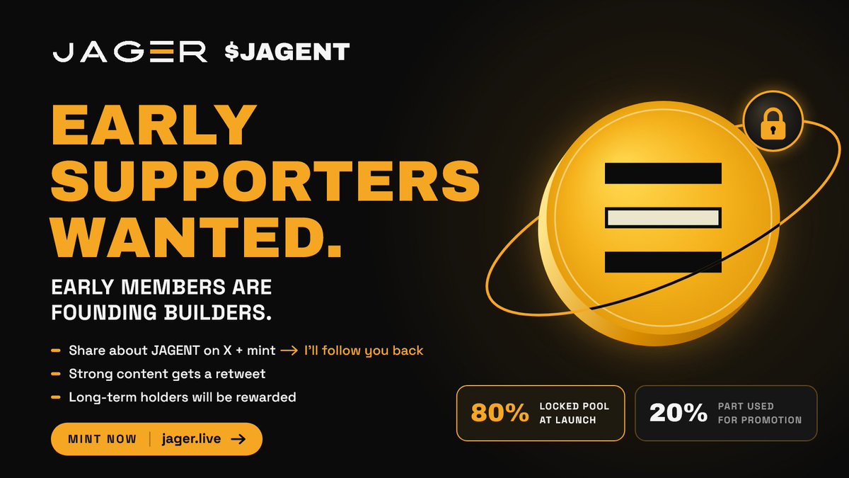 jagerbnb_'s tweet photo. Early $JAGENT supporters wanted.

Share about JAGENT on X + mint → I’ll follow you back.
Strong content gets a retweet.

Early members are founding builders.
80% of funds go to locked pool at launch. Part of the 20% used for promotion.
Keep sharing
Long-term holders will be rewarded.
Mint:
https://t.co/fAj07s9NS0