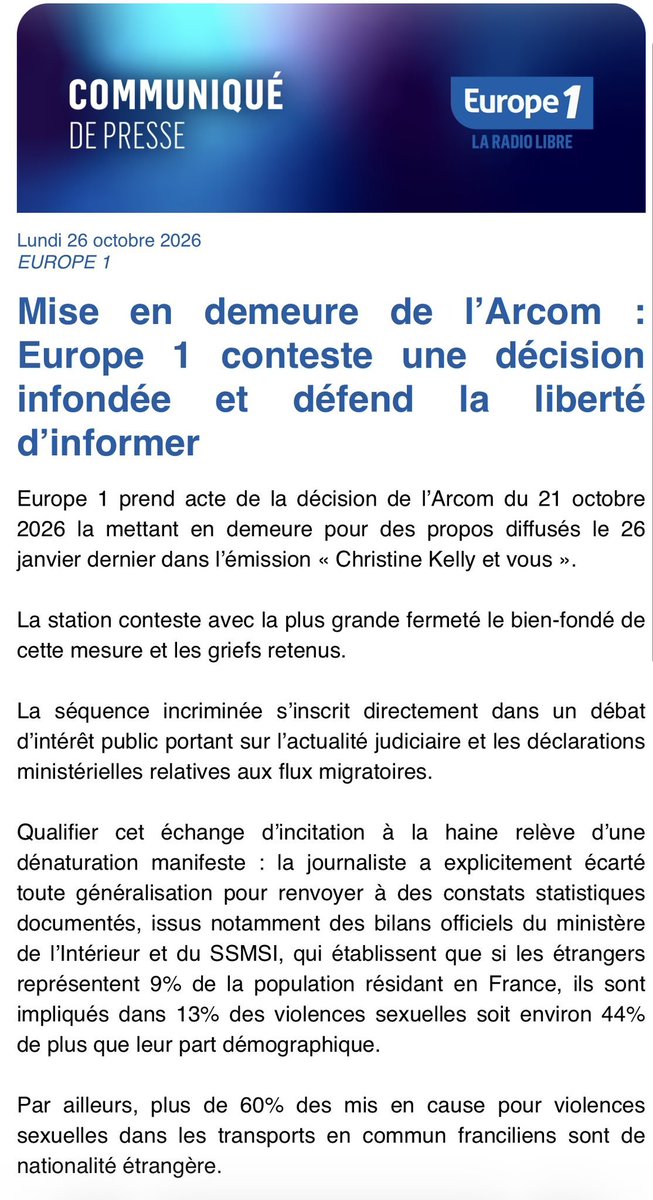 ojim_france's tweet photo. 🚨Mise en demeure de l’ARCOM après des propos de Christine Kelly sur les migrants : la journaliste reprenait des CHIFFRES du MINISTÈRE DE L'INTÉRIEUR. 

Europe 1 accuse l’ARCOM d'avoir VOLONTAIREMENT dénaturé les propos de Christine Kelly et défend la liberté D'INFORMER. https://t.co/ywDKmv556e
