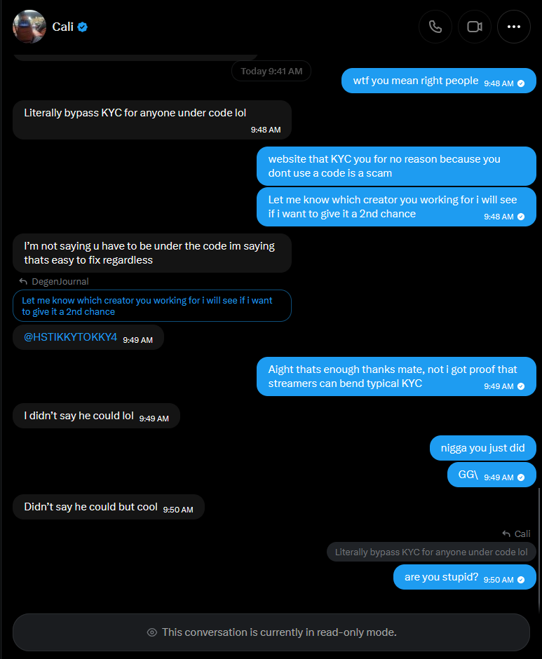 DegenJour's tweet photo. Random repost gets $50

So let's get something straight.

If you play raw on @rainbetcom  and don't support one of their creators, you can get hit with KYC just because they don't want to cash you out. But if you use a creator's code, you can bypass KYC? This industry is fucking retarded.

If you've ever been hit with KYC on Rainbet, make sure to mention that you support this scammer, @HSTIKKYTOKKY4 . Apparently, Rainbet will pull out a magic wand and make your KYC disappear.

Stay away from creators like that and websites like Rainbet. Your money is never safe.