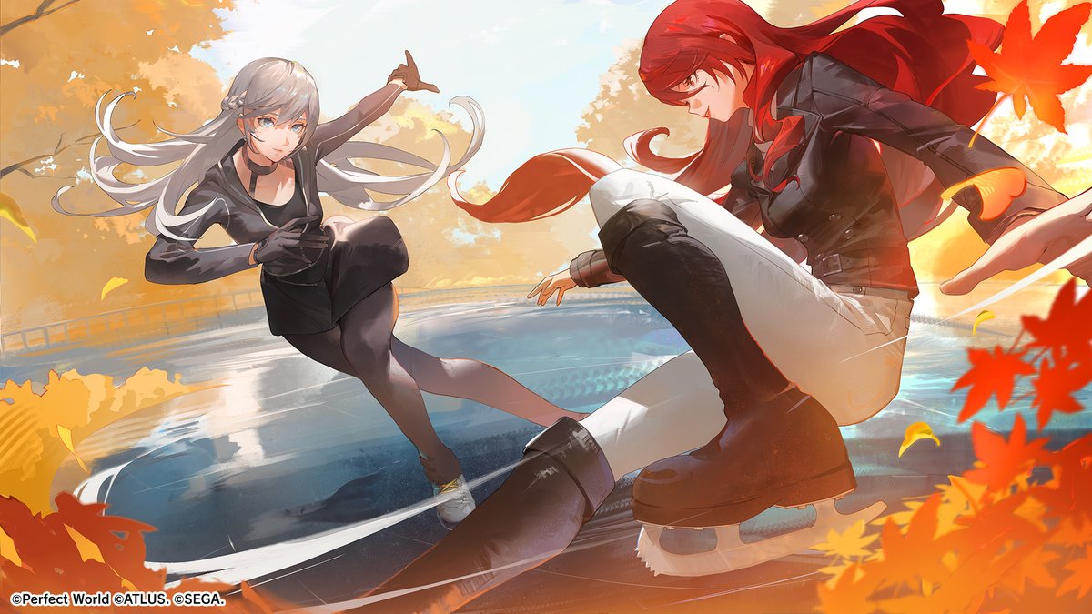 P5X_Official_JP's tweet photo. ☆……イラスト公開……☆
『P3R』「#桐条美鶴」登場を記念し、Lardさん(
@buttertorst)による描きおろしイラストを公開˚✧

美鶴「ふっ…！」
琴音「美鶴さん、流石ね！　すっかりスケート靴を履きこなしてる…負けていられないわ」
美鶴「モンターニュの姿勢が美しいから、真似させてもらっただけさ。一面の紅葉に囲まれたリンクで無様な姿を見せられない、というのもあるかもしれないが」
琴音「ふふっ、それは同感。それじゃあ、次はあっちまで滑ってみましょう！」

#P5XJP #P3R #P5X_P3Rコラボ
