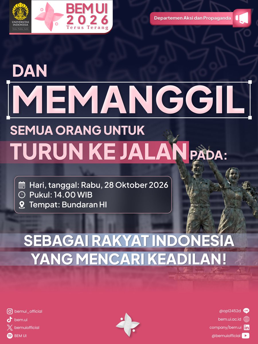 bemuiofficial's tweet photo. sudah saatnya rakyat bersuara dan mengambil kembali ruang demokrasi yang menjadi haknya.

Memanggil semua orang untuk turun ke jalan pada
hari, tanggal: Rabu, 28 Oktober 2026
pukul: 14.00 WIB
tempat: Bundaran HI https://t.co/7dDI7i4xh2