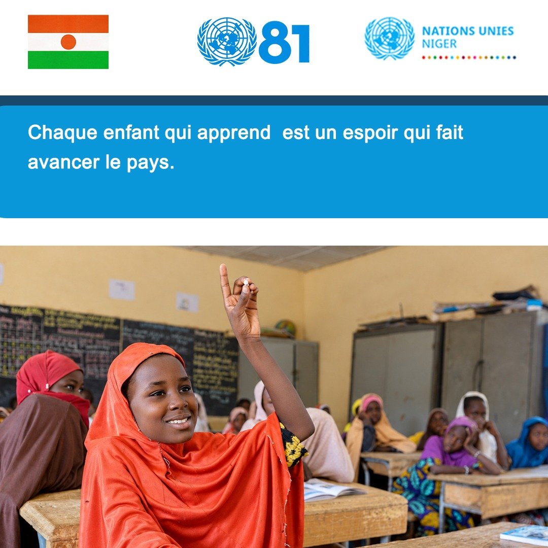 SNU_Niger's tweet photo. L’éducation donne à chaque enfant les clés de son avenir et contribue au développement du pays. Aucun enfant ne devrait être laissé de côté.
À l’occasion des #UN81, réaffirmons notre engagement pour une éducation inclusive et de qualité pour tous.
#UN81 #Education #Niger
Rejoignez nous dans cette campagne en likant ou republiant
