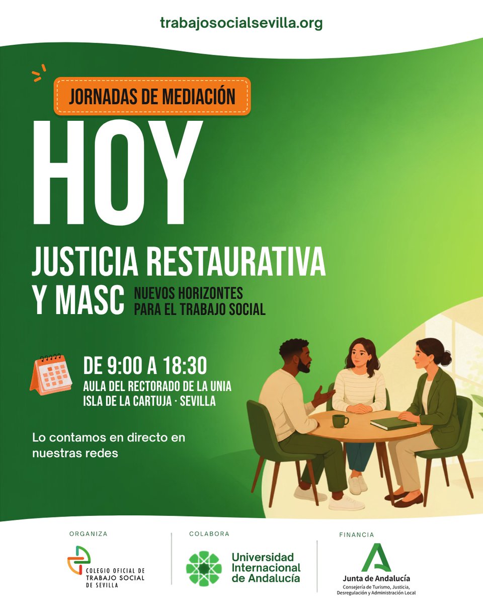 colegiotsevilla's tweet photo. 🟢 Arrancan las Jornadas de Mediación «Justicia restaurativa y MASC: nuevos horizontes para el Trabajo Social» en el Rectorado de la @UNIAuniversidad.

Lo contamos en directo durante todo el día 📲
#TSyJusticia #MASCAndalucía #Justicia5punto0 https://t.co/SANgXqRIzF