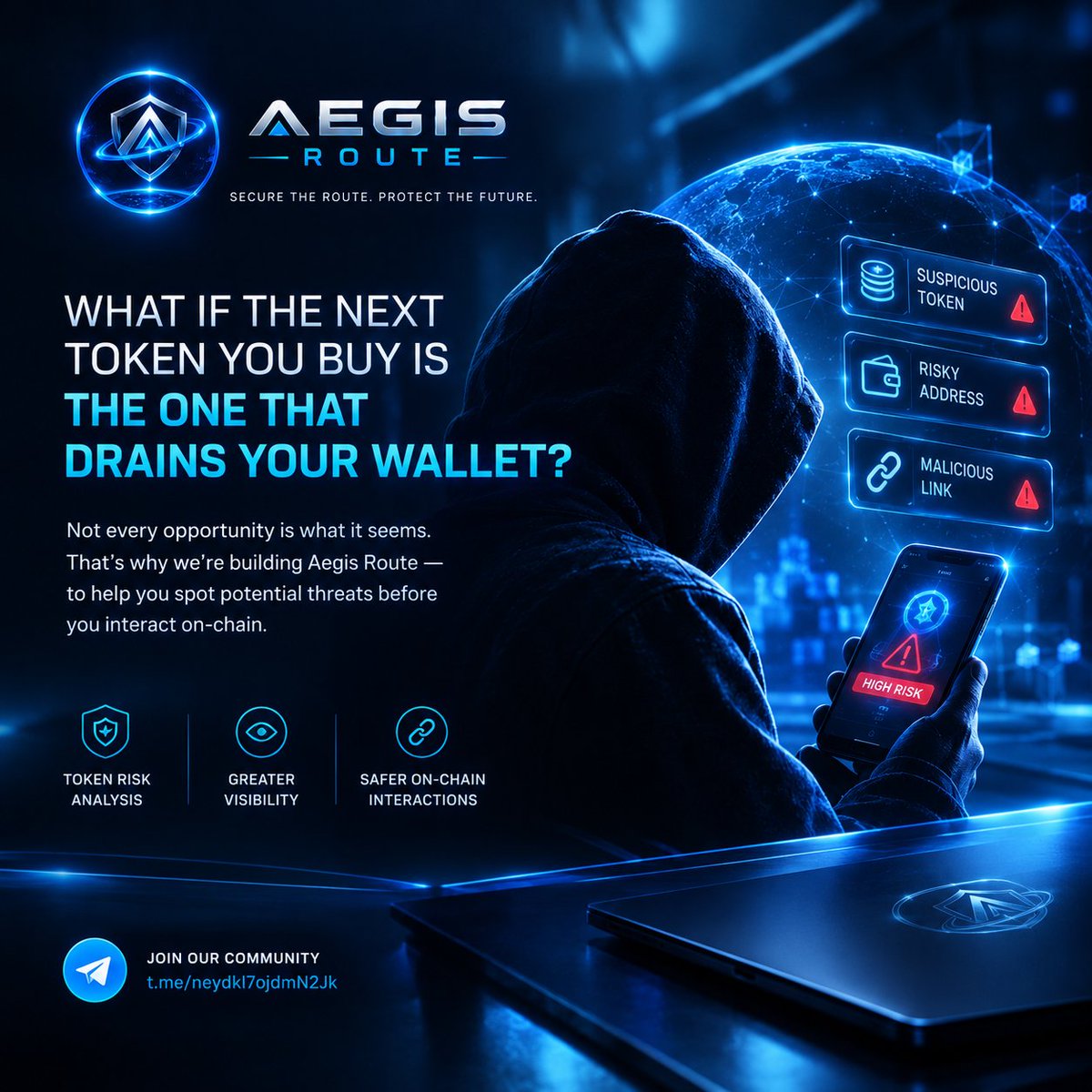 Aegis_Route's tweet photo. Behind the hype, some tokens hide dangerous contract permissions. Some addresses are linked to suspicious activity. And some links are designed to steal your assets before you even realize what happened.

The problem isn't just that scams exist. It's how difficult it can be to recognize the warning signs before it's too late.

That's why we're building AEGIS ROUTE 🛡️

Our mission is to help users investigate potential Web3 threats through transparent, evidence-based security analysis.

🔍 Token risk analysis
🛡️ Greater visibility into potential threats
🔗 A step toward safer on-chain interactions

The website is built. Now, we're moving forward with the mission of making Web3 security easier to understand and potential threats easier to investigate.
This is just the beginning. We're building with purpose, one step at a time.

The goal isn't to promise zero risk. It's to help users make more informed decisions.

🛡️ AEGIS ROUTE, SECURE THE ROUTE. PROTECT THE FUTURE.
Follow the journey. More updates ahead. 🔵