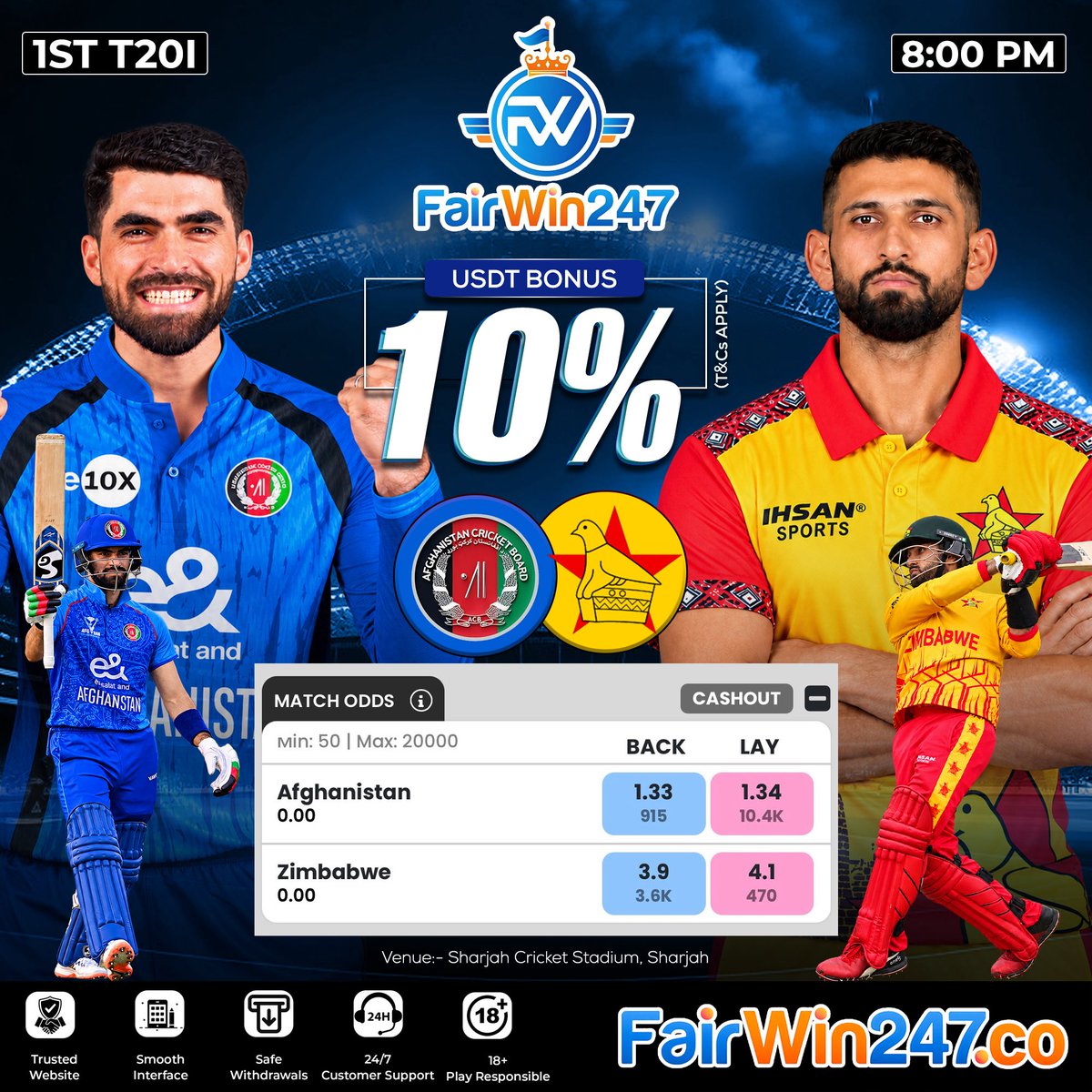 ConsistencyTra's tweet photo. TODAY'S CRICKET MATCHES & ODDS UPDATE

Namibia vs Ireland (3rd ODI)
Pakistan vs Sri Lanka (5th Match)
South Africa vs Australia (3rd Test, Day 1)
Afghanistan vs Zimbabwe (1st T20I)

Special Bonus: Get 10% USDT Bonus on Deposits! (T&Cs Apply)

Take your prediction on https://t.co/gQAuKNBK94