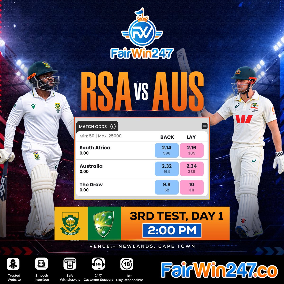 ConsistencyTra's tweet photo. TODAY'S CRICKET MATCHES & ODDS UPDATE

Namibia vs Ireland (3rd ODI)
Pakistan vs Sri Lanka (5th Match)
South Africa vs Australia (3rd Test, Day 1)
Afghanistan vs Zimbabwe (1st T20I)

Special Bonus: Get 10% USDT Bonus on Deposits! (T&Cs Apply)

Take your prediction on https://t.co/gQAuKNBK94