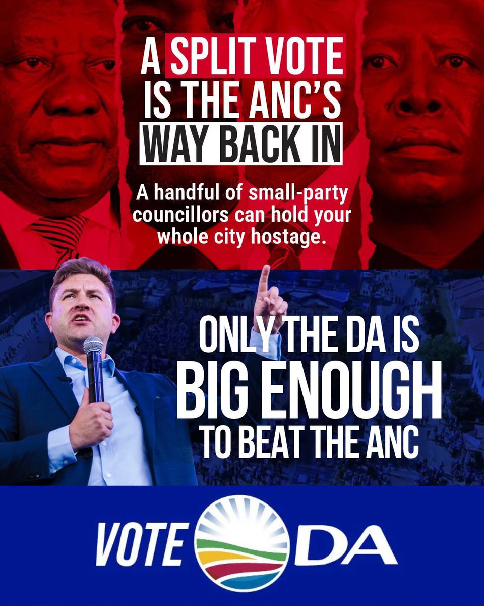 CilliersB's tweet photo. All polls put the DA ahead in Tshwane🏆 But being the largest party doesn’t guarantee we govern.

Smaller parties could still bring the ANC into government through the back door.

Stop the coalition chaos❌ Unite behind the DA and give us an outright majority. Let’s get Tshwane working for all🛣️
