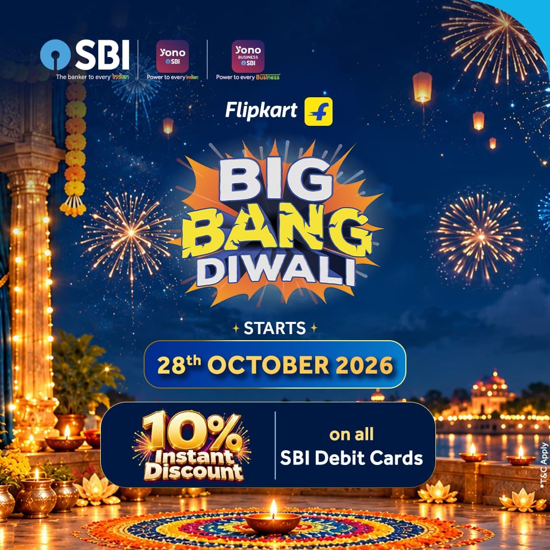 TheOfficialSBI's tweet photo. Get ready to double your joy this Diwali with the Flipkart Big Bang Diwali Sale, starting 28th October 2026!

Enjoy an extra 10% Instant Discount on all SBI Debit Cards! https://t.co/ji3cy1M16a