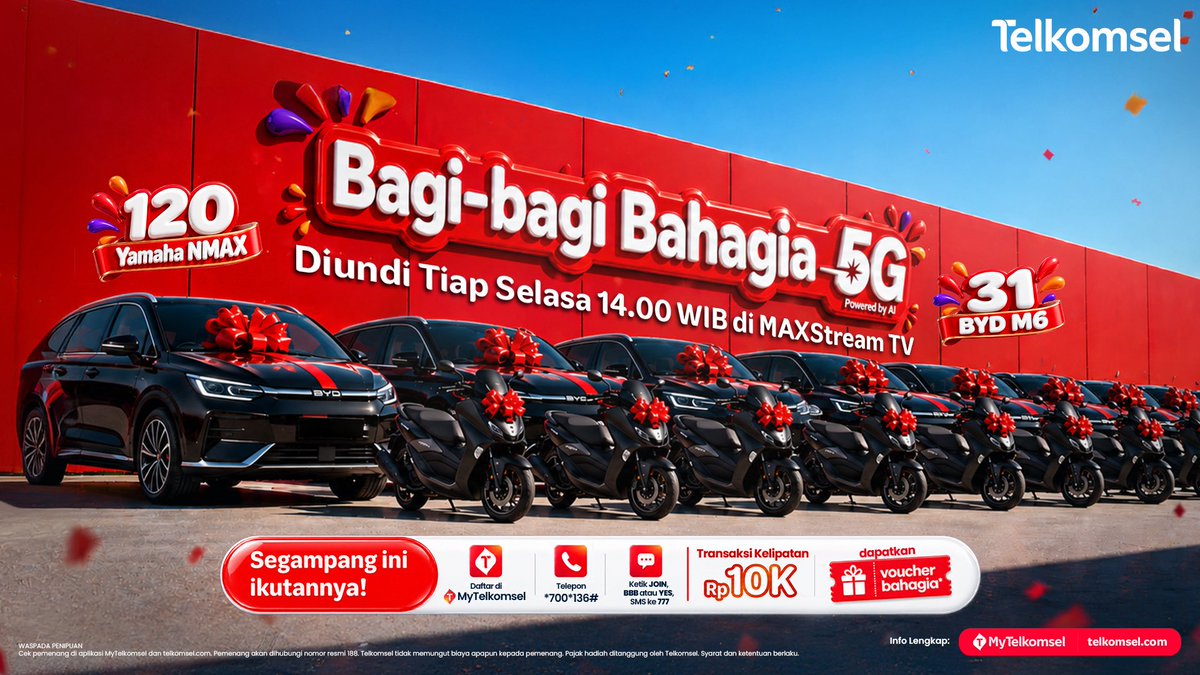 SIMPATI's tweet photo. Selasa besok siapa yang bakal hoki? 👀
🎉 Ikutan #BagiBagiBahagia buat peluang menang 31 BYD M6 & 120 Yamaha NMAX! Daftar via SMS 777 (JOIN/BBB/YES), UMB *700*136#, atau MyTelkomsel. Tiap kelipatan Rp10.000 transaksi = 1 kupon. Tonton undiannya Selasa, 14.00 WIB di MAXSTREAM TV! 🚗🏍️ S&K berlaku.
