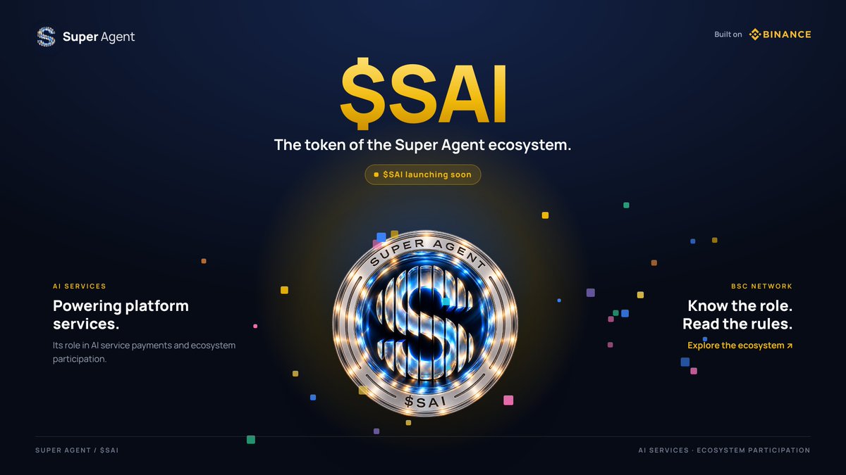 SuperAgent_SAI's tweet photo. 🟡 $SAI: 𝘁𝗵𝗲 𝘁𝗼𝗸𝗲𝗻 𝗼𝗳 𝘁𝗵𝗲 𝗦𝘂𝗽𝗲𝗿 𝗔𝗴𝗲𝗻𝘁 𝗲𝗰𝗼𝘀𝘆𝘀𝘁𝗲𝗺.  

Built on BSC, $SAI powers AI service payments and ecosystem participation 🌐  

📘 Know the role. Read the rules.  
$SAI coming soon. 

#SuperAgent #BNBChain https://t.co/DubmM3jRjh