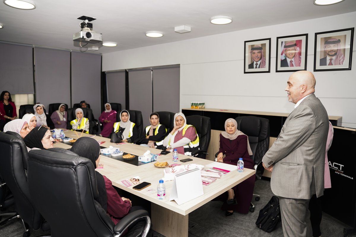 ACTJordan's tweet photo. في شركة ميناء حاويات العقبة، نفخر بدعم شهر التوعية بسرطان الثدي حيث تم تنظيم جلسة توعوية مخصصة لزميلاتنا الموظفات بالتعاون مع البرنامج الأردني لسرطان الثدي.  وقد سلطت الجلسة الضوء على أهمية الكشف المبكر، وإجراء الفحوصات الدورية، واتباع نهج استباقي للحفاظ على الصحة.
وكجزء من برنامج هذا العام، تم تنظيم زيارة إلى مؤسسة ومركز الحسين للسرطان والتنسيق لإجراء فحوصات الكشف المبكر للموظفات، تأكيداً على التزامنا بتعزيز الصحة والرفاه وتشجيع الرعاية الوقائية داخل بيئة العمل.
معاً لنشر الوعي، وتشجيع الكشف المبكر، ودعم صحة المرأة من أجل مستقبل أكثر صحة وأماناً.
Breast Cancer Awareness Month at Aqaba Container Terminal
At Aqaba Container Terminal, we are proud to support Breast Cancer Awareness Month through a dedicated awareness session for our female colleagues in collaboration with the Jordan Breast Cancer Program.
The session highlighted the importance of early detection, regular screenings, and taking a proactive approach to healthcare.
As part of this year’s program, a visit was organized to the King Hussein Cancer Foundation and Center, where arrangements were made to facilitate early breast cancer screening examinations for employees. This initiative reflects our ongoing commitment to promoting health, wellbeing, and preventive care within our workplace community.
@KHCFKHCC