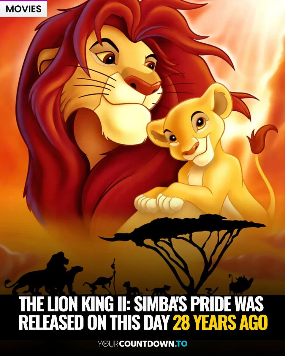 YourCountdownTo's tweet photo. 🦁❤️ Roaring back to 1998! The Lion King II: Simba’s Pride premiered on October 27, bringing us Kiara and Kovu’s unforgettable love story. Fun fact: This Disney sequel was originally released straight to video! 🎬✨ #TheLionKingII #DisneysClassics https://t.co/yXsYw7fCGm