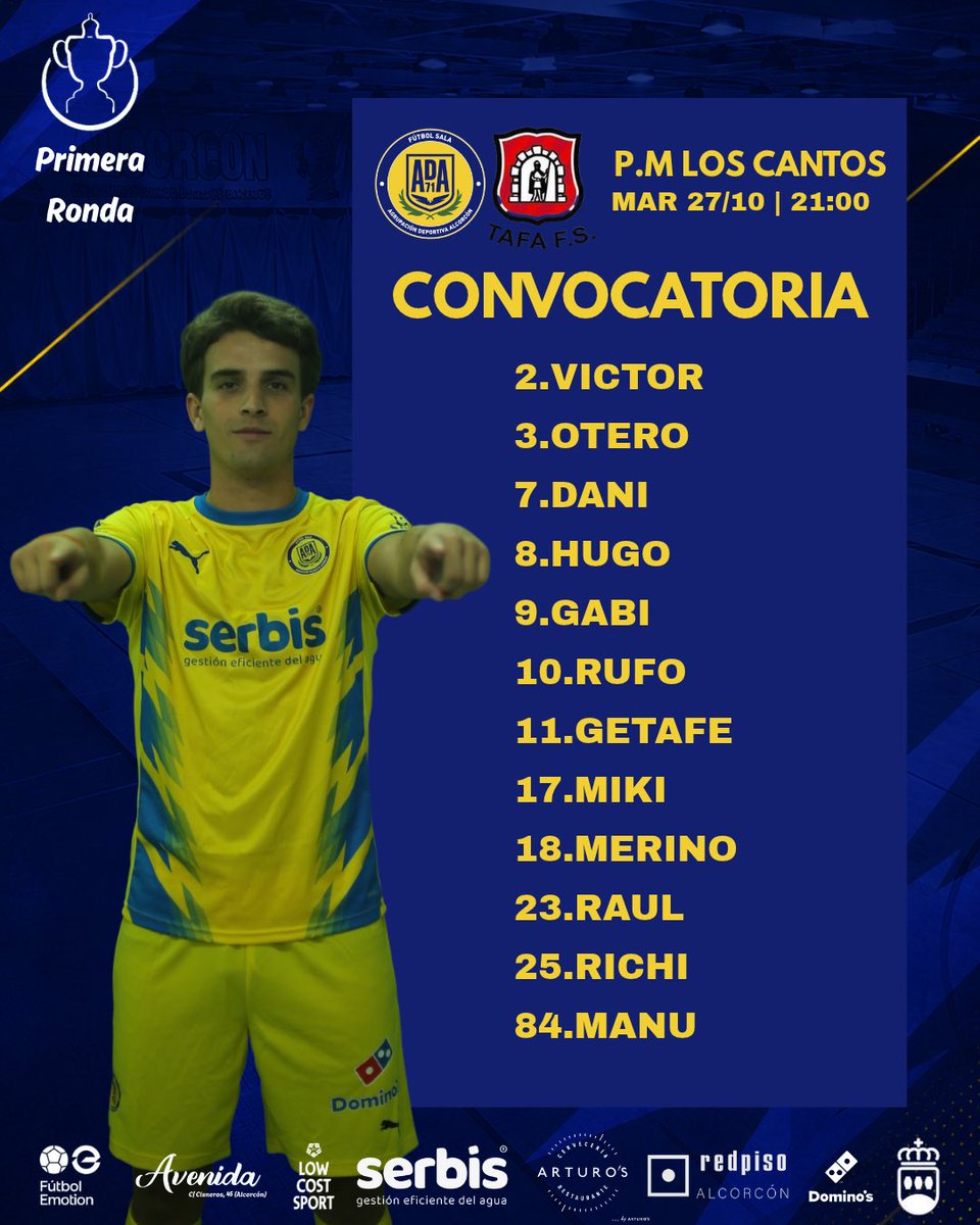 ADAlcorconFS's tweet photo. |CONVOCATORIA PRIMER EQUIPO| 

Estos son los elegidos por @t_ramos13 para recibir a @tafafutbolsala es la primera ronda de la Copa de España en el que estamos seguros que será un auténtico partidazo

Que no te lo cuenten, ven a vivirlo!
• Abonados gratis 
• 4€ entrada general https://t.co/7ULuDXQ6wi