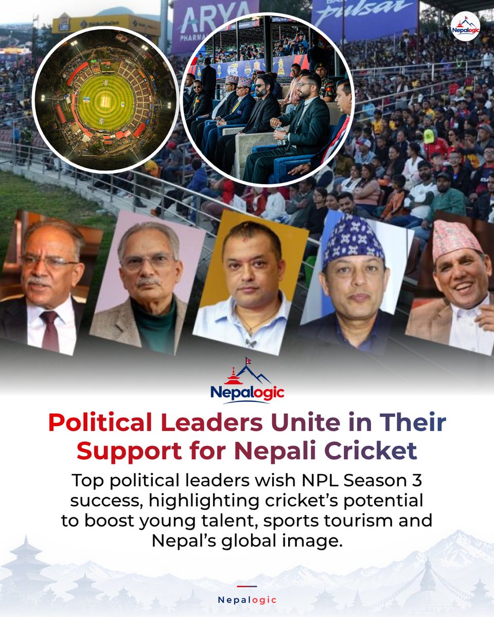 nepalogic's tweet photo. Prime Minister Balen Shah, Ravi Lamichhane, Gagan Thapa, Pushpa Kamal Dahal, Baburam Bhattarai and other senior leaders have wished NPL Season 3 success. Their messages highlighted the league’s role in developing Nepali cricket, promoting young talent.
#Balenshah #NepaliCricket https://t.co/qAOnjET5PL