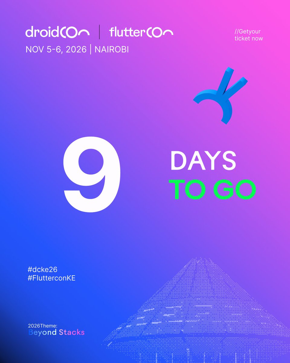 FlutterconKE's tweet photo. 9 DAYS TO GO!!

will you be at #flutterconke26?

📍 PrideInn Azure, Nairobi | Nov 5–6   
🎟️ Grab your ticket: https://t.co/gE4GhAZuHl https://t.co/Kgbd8cGWzk