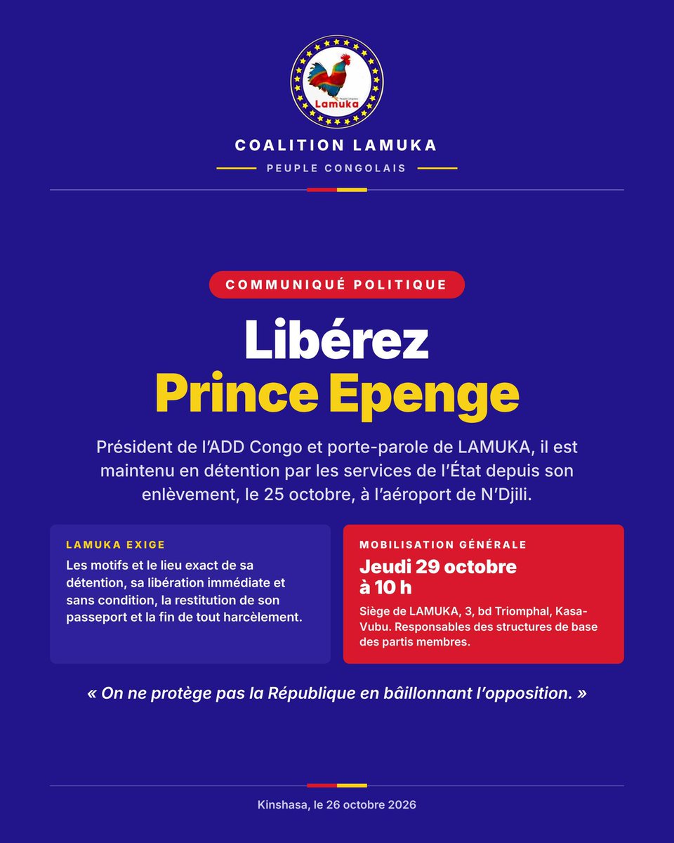 DendeLexxus's tweet photo. Rendez publics les motifs et le lieu exact de sa détention. 
On ne protège pas la République en bâillonnant l’opposition.

Libérez @prince_epenge 

Avançons https://t.co/PaCykVg4Y4