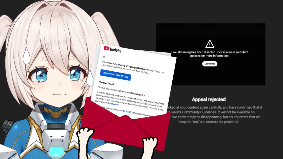 MARIMARI_EN's tweet photo. dear fincels 🐟

currently i am banned from livestreaming on youtube

YouTube thinks I am under the age of 16 according to their combination of automated systems and human reviews

phase is working hard to help out and let them know it's not true... but in the meantime there will have to be no streams on youtube, only twitch

i'm really sorry!