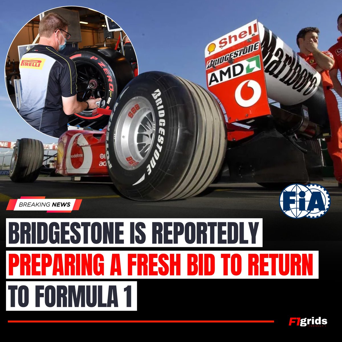 F1gridx's tweet photo. With Pirelli’s current tyre supply deal running until the end of 2028, Bridgestone is reportedly aiming to make its return to F1 with an even stronger technological, business and commercial proposal. https://t.co/7tHynYHYm5
