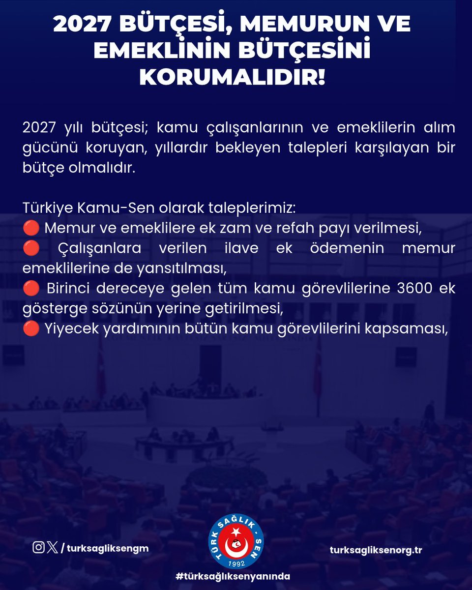 turksagliksengm's tweet photo. 2027 yılı bütçesi; kamu çalışanlarının ve emeklilerin alım gücünü koruyan, yıllardır bekleyen talepleri karşılayan bir bütçe olmalıdır.

Hükûmeti ve tüm milletvekillerimizi bütçe görüşmelerinde memurun ve emeklinin sesine kulak vermeye, bu talepler için somut adım atmaya davet ediyoruz.
Açıklama için👇
https://t.co/V1fdPBXCJ6