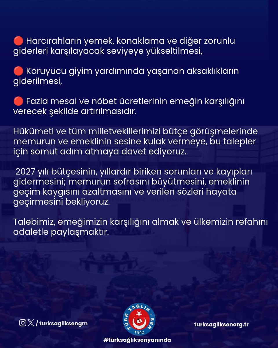 turksagliksengm's tweet photo. 2027 yılı bütçesi; kamu çalışanlarının ve emeklilerin alım gücünü koruyan, yıllardır bekleyen talepleri karşılayan bir bütçe olmalıdır.

Hükûmeti ve tüm milletvekillerimizi bütçe görüşmelerinde memurun ve emeklinin sesine kulak vermeye, bu talepler için somut adım atmaya davet ediyoruz.
Açıklama için👇
https://t.co/V1fdPBXCJ6