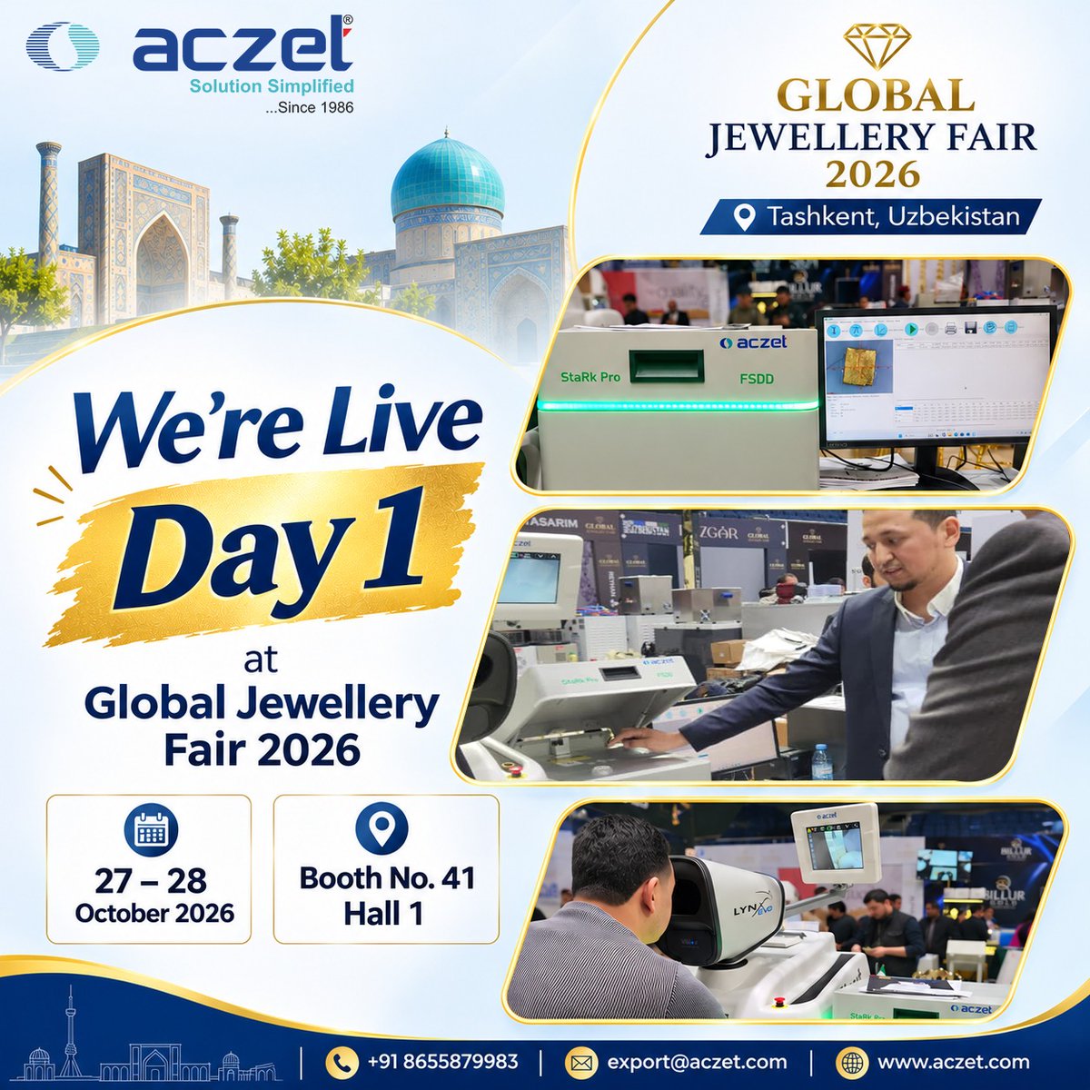 AczetLtd's tweet photo. π We're LIVE at Global Jewellery Fair 2026! π
Day 1 is all about new connections & opportunities! π€
π Booth 41, Hall 1 | Tashkent
π
27β28 Oct
π +91 8655879983
π§ export@aczet.com
https://t.co/SwvmlDcCPe
#ACZET #JewelleryFair #jewelleryindustry #jewelleryexhibition https://t.co/u30aznsNQW