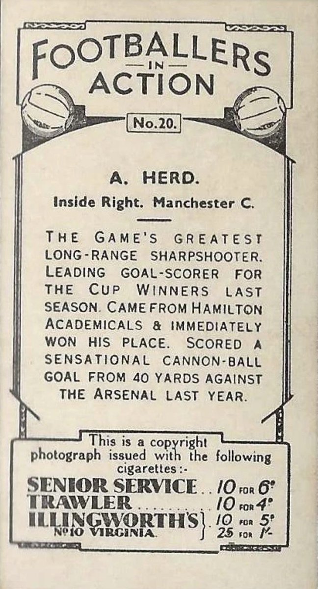 ManCityCards's tweet photo. Alec Herd of Manchester City on a Senior Service “Footballers in Action” Cigarette Card issued in 1935. The full 1934 FA Cup winning team featured in this set. https://t.co/btK8etiSIP
