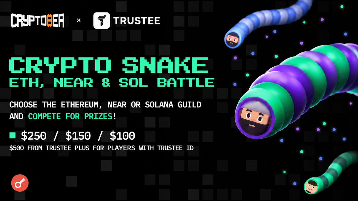 trustee_io's tweet photo. 🎮 Play CryptoSnake and win cash prizes!

Our partners at @incrypted are hosting Cryptober and Trustee Plus is joining the competition with an extra 500 USDC prize pool for our community!

⚔️ How to participate:

▪️ Choose your guild: Ethereum, NEAR, or Solana.

▪️ Play CryptoSnake and earn points for your team.

▪️ Invite friends using your referral link.

▪️ Enter your Trustee ID when registering to qualify for our giveaway!

🏆 Main competition prizes:

1st place — $250
2nd place — $150
3rd place — $100

The top referrer will receive an additional $100, while the winning guild gets a 10% points bonus for all its players!

💸 And here's something extra from Trustee Plus: We're giving away another $500 among participants who registered with their Trustee ID.

⏳ Play until October 30 at 12:00. Winners will be announced during the live stream on Incrypted's YouTube channel.

Choose your guild, join the battle and compete for your share of the prizes! 👇

https://t.co/2aKmy62kVt