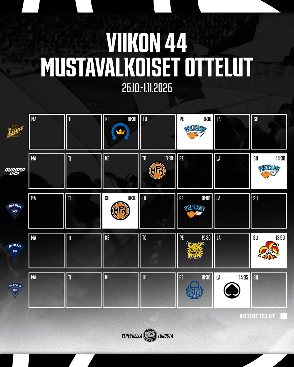 HCTPS's tweet photo. Viikon 44 mustavalkoiset ottelut. 🖤🤍

#HCTPS #Turku #Liiga https://t.co/Un5EpAz76f