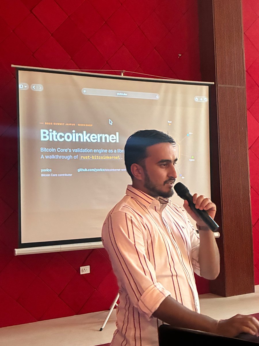 bitshala_org's tweet photo. Now on stage at BOSS Summit: @hey_yuvicc for a hands-on workshop on the @BitcoinKernel project.

Bitcoin Core’s validation engine is being made available as a library, so developers can build their own tools and systems while reusing Core’s consensus code instead of reimplementing it.

The walkthrough goes from validating the first 170 mainnet blocks to verifying Satoshi’s signature, then changing the transaction and watching verification fail.

Less theory, more getting our hands dirty with Bitcoin code.

Workshop code: https://t.co/HDjI5bV0fR