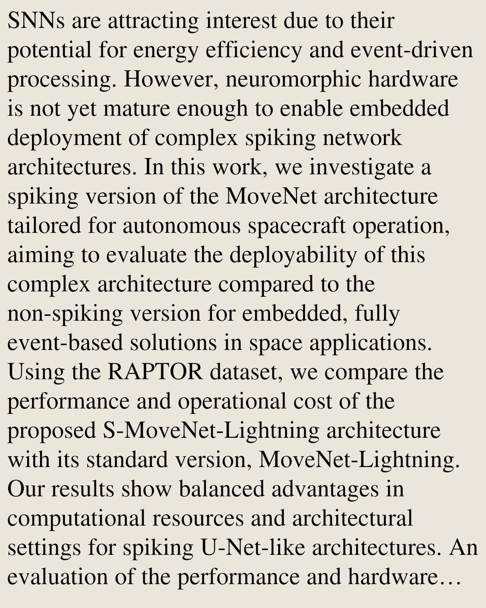 TAL's tweet photo. Evaluating Spiking MoveNet Deployability for Near-Future Onboard Spiking Satellite Pose Estimation

Jonathan Courtois, Christophe Marabotto, Benoit Miramond, Alain Pegatoquet
https://t.co/calMu7KURj [𝚌𝚜.𝙽𝙴 𝚌𝚜.𝙻𝙶] https://t.co/MPk0kumnDd