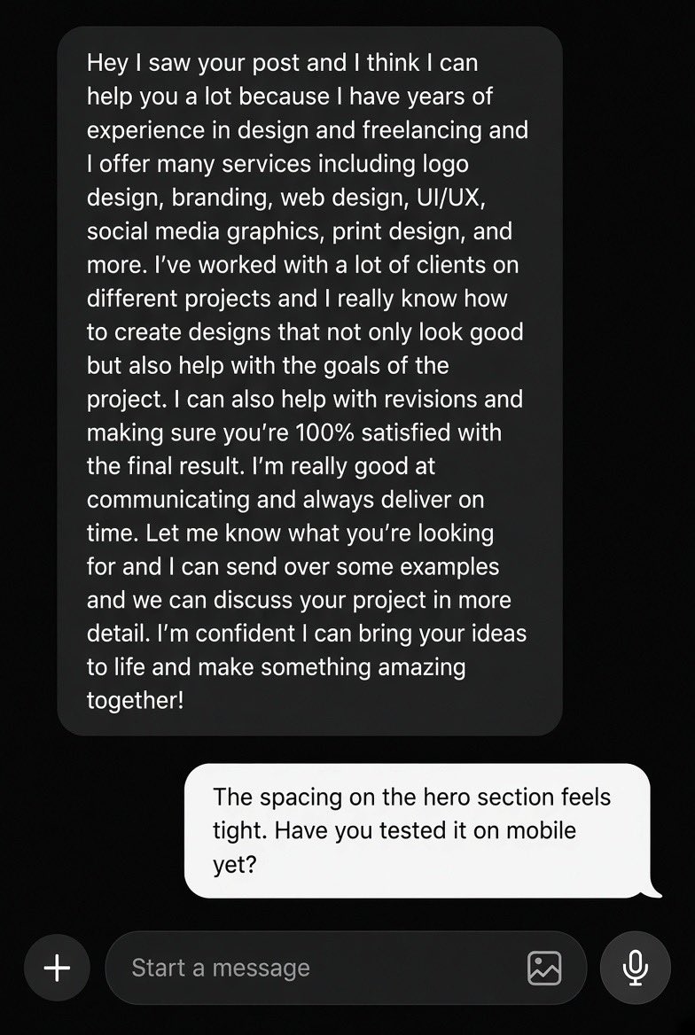 oalkayode's tweet photo. See the problem they posted โ one specific observation โ one short question. Stop.
Walls of text get ignored. The short reply starts the conversation.
#Freelance #OpenForWork #FreelanceTips #Designer #ClientWork #Trending https://t.co/i0z2TAF1o2