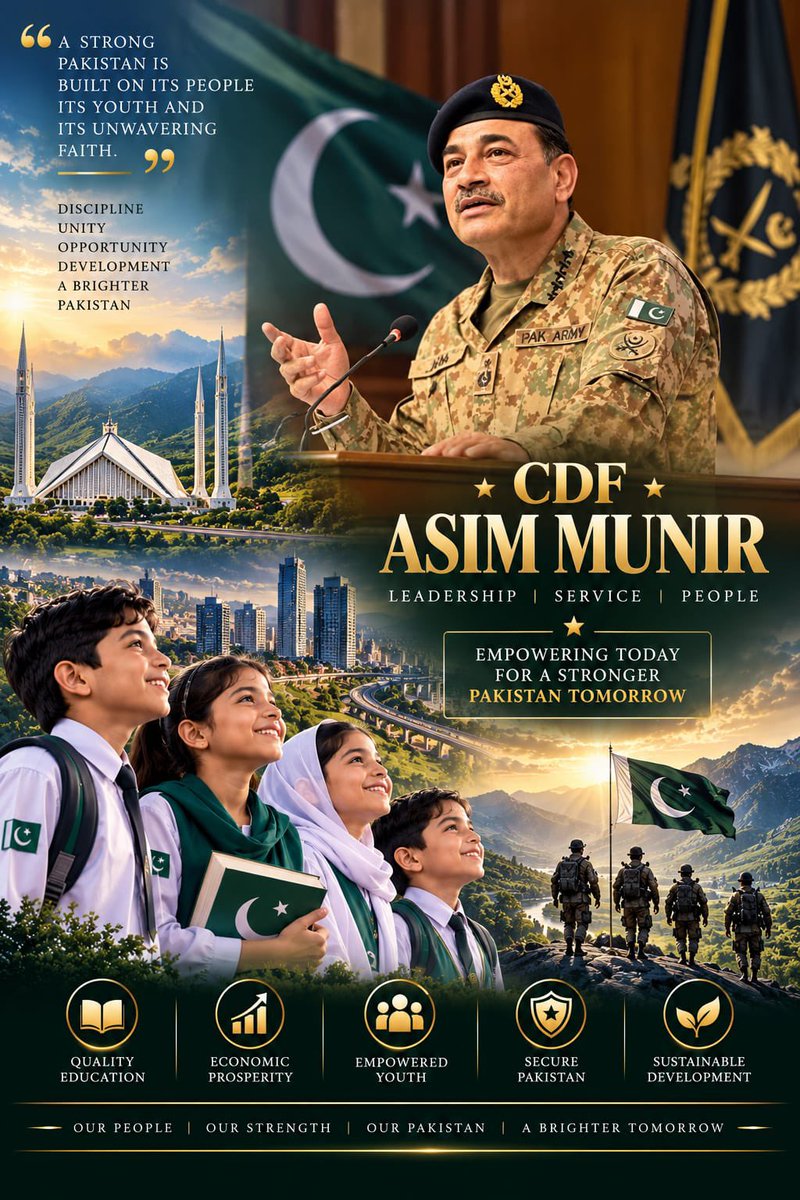aitzaz_adv's tweet photo. Field Marshal Syed Asim Munir stands for unity, strength, and an unwavering commitment to national security.
#IconOfStrengthCDF #TributeToCDF #TogetherBehindCDF #ProudOfYouCDF #BeaconOfHopeCDF https://t.co/uy1ytLhKc4