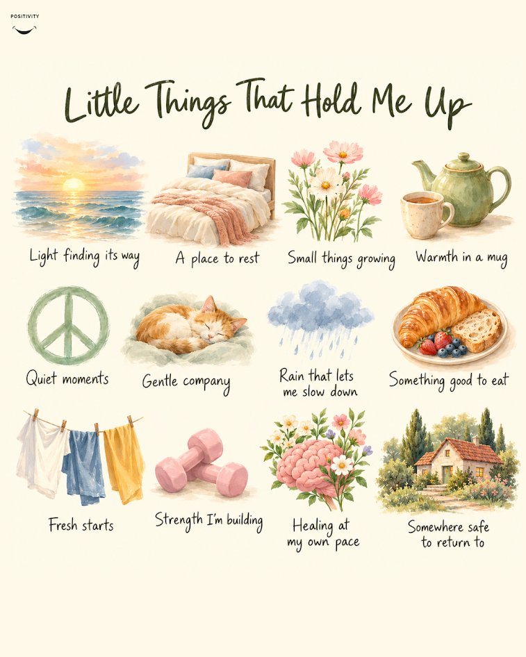 PositivitySaid's tweet photo. It's the little things that carry us.

A warm mug, a quiet corner, a sleepy cat, a gentle morning. Life is held together by small comforts like these. Take a moment to notice what's quietly holding you up today, and say a little thank you for it. https://t.co/ur0qiaJVtg