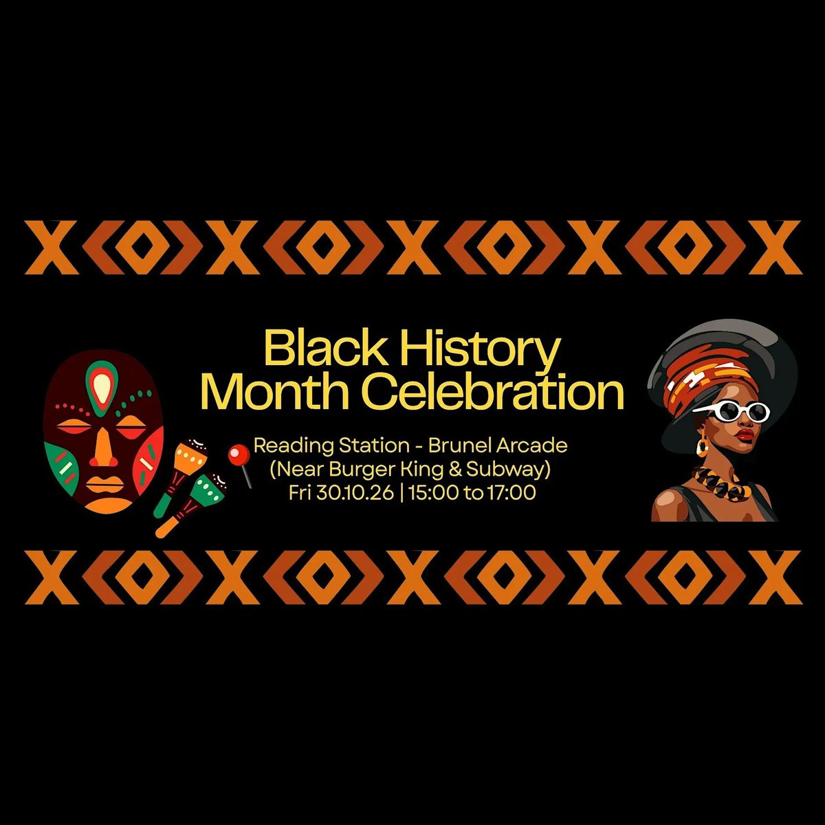 HampshireCRP's tweet photo. Join us at Reading station for an afternoon filled with cultural performances and art as we celebrate the rich history and contributions of the Black community!

Friday 30 October, Reading Station Brunel Arcade, 15-17:00

Booking: https://t.co/YHojOZRDxG

#CommunityRail @GWRHelp https://t.co/nJTitfkYzZ
