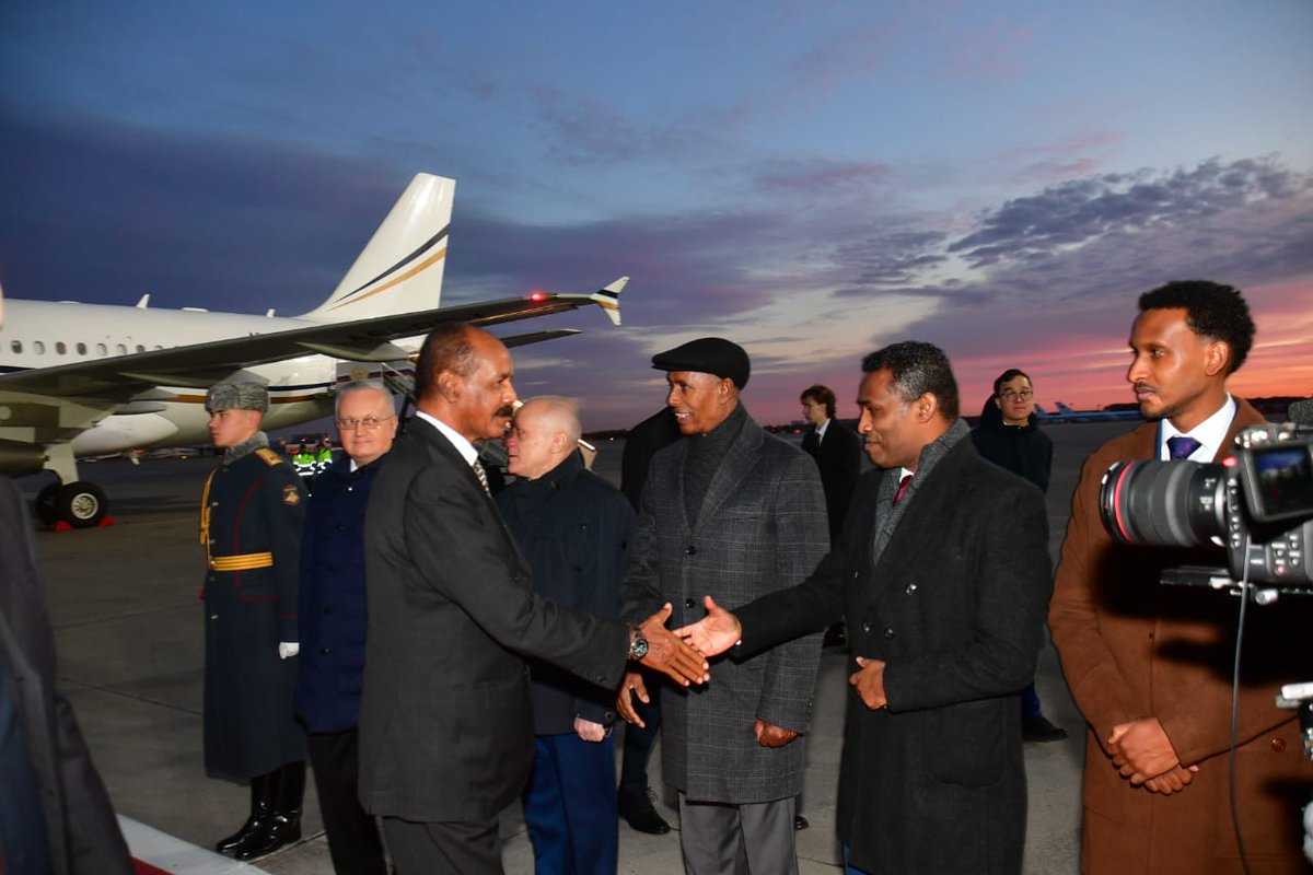 hawelti's tweet photo. President Isaias Afwerki and his delegation were accorded warm welcome on their arrival in Moscow in the mid-morning hours today.

The President and his delegation will participate at the 3rd Russia-Africa Summit and hold bilateral talks with his Russian counterpart. https://t.co/k1o4PUBKzm
